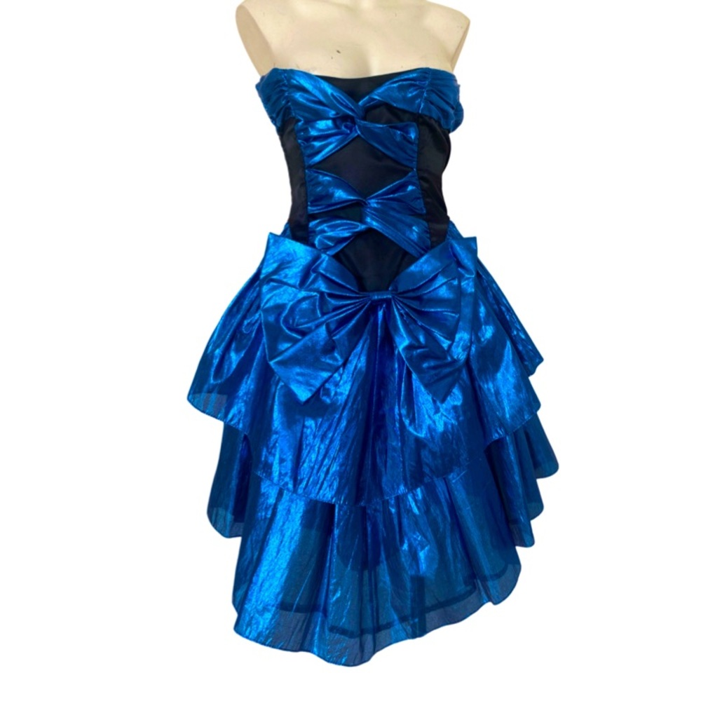 1980's 80s Vintage prom dress metallic blue ruffled dress with bows by ZUM Zum